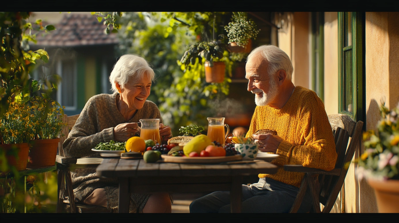 Щаслива літня пара насолоджується здоровим сніданком на веранді